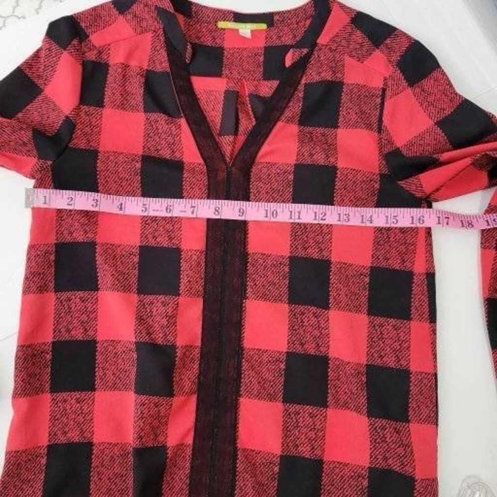 Gianni Bini Blouse XS Red Black Buffalo Plaid Lace Trim Boho Art-Inspired Blouse - Picture 9 of 9